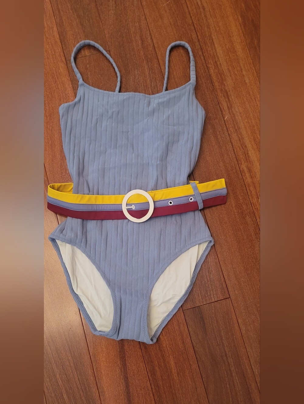 SOLID & STRIPED Light Blue Ribbed One-Piece with Yellow and Burgundy Beltand  XS